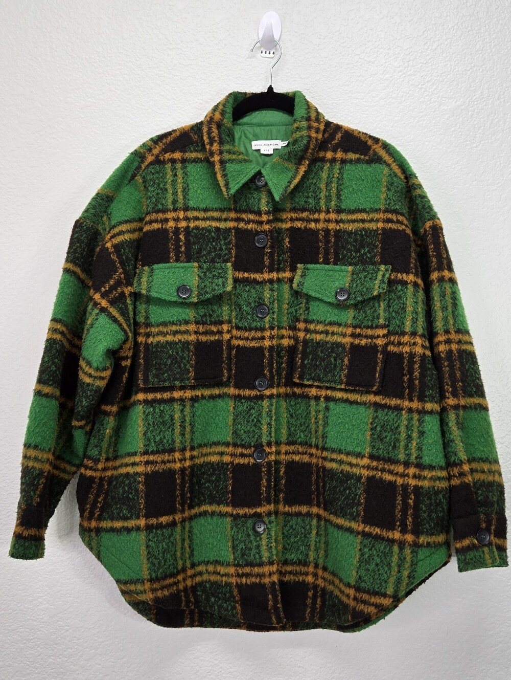 Good American Plaid Shacket Wool Blend Oversized Flannel Jacket Green Coat 1/2